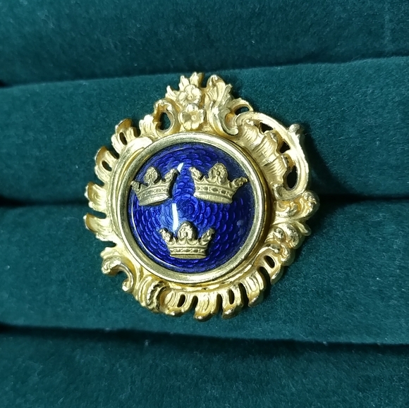 Vintage Sporrong & Co. Stockholm Blue Enamel 3 Crown Gold Brooch Pin Swedish - Picture 8 of 16